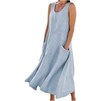 AACH Damen Leinenkleid Sommer Kleid Baumwolle Leinen Freizeitkleid Knielang Strandkleid U-Ausschnitt Sommerkleid Ärmelloses Boho Leinenkleider Einfarbig Strandkleider mit Taschen Kleider - XL