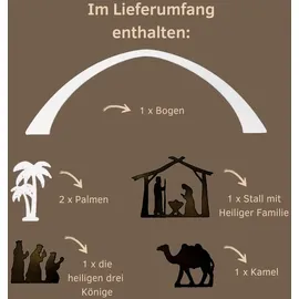 Weigla Dekofigur Figurenset "Christi Geburt" für WEIGLA Dekosockel, aus Holz (Set, 6 St., Bogen, Stall + Heilige Familie, Kamel, 2 Palmen und Heilige 3 Könige), Erzgebirge garantiert, Weihnachtsdeko innen braun|weiß