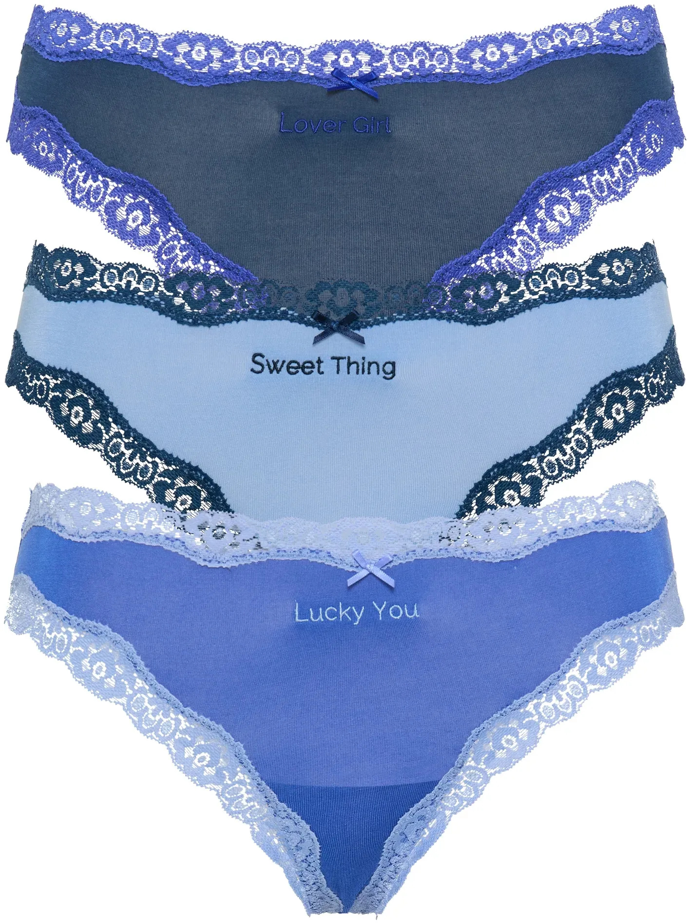 String LSCN BY LASCANA, Damen, Gr. 36/38, blau, Jersey, Obermaterial: 95% Modal, 5% Elasthan. Spitze: 90% Polyamid, 10% Elasthan, kontrastfarbene Details, Unterhosen String, mit hochwertiger Spitze abgesetzt