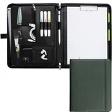 Vebon Vebon® Schreibmappe A4 groß Rom I Doppel Reißverschluss + Klemmbrett I Konferenzmappe + Laptoptasche I extra Stauraum I Schwarz Kunstleder (Piniengrün)