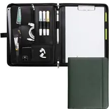 Vebon Vebon® Schreibmappe A4 groß Rom I Doppel Reißverschluss + Klemmbrett I Konferenzmappe + Laptoptasche I extra Stauraum I Schwarz Kunstleder (Piniengrün)