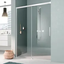 Kermi Nica Gleittür 2-tlg., mit Festfeld NIL2L10020VAK 100x200cm, silber hochglanz, ESG klar, links