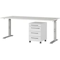 Büromöbel-Set GERMANIA "Agenda", silber (lichtgrau, silber), manuell höhenverstellbar (beim Aufbau) Schreibtisch Breite 180cm, Spanplatte, Metall, Kunststoff, Arbeitsmöbel-Sets, Set bestehend aus höhenverstellbarem Schreibtisch und Rollcontainer