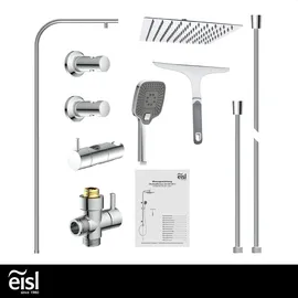 Eisl EASY DELUXE Duschset, Duschsystem ohne Armatur 2 in 1 mit großer Edelstahl Regendusche Antikalk, höhenverstellbar, inkl. Duschabzieher