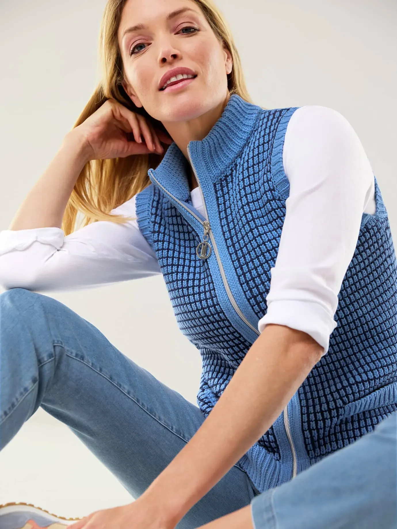 Walbusch Damen Reißverschlussweste Sommertweed Blau mehrfarbig