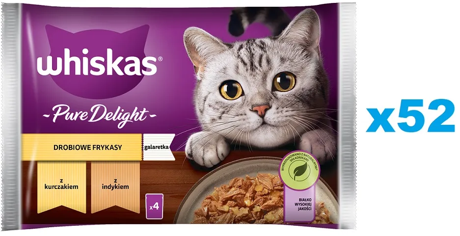 WHISKAS Adult 52x85g Geflügel Frites Nassfutter für ausgewachsene Katzen in Gelee mit: Huhn, Truthahn