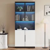 Merax Vitrinenschrank 200cm, Modern Glasvitrine Bücherschrank mit LED, Hochschrank Standvitrine mit Glastüren, Highboard Sammlervitrine mit 4 Türen, für Wohnzimmer Küche Esszimmer Büro, Schwarz & Weiß