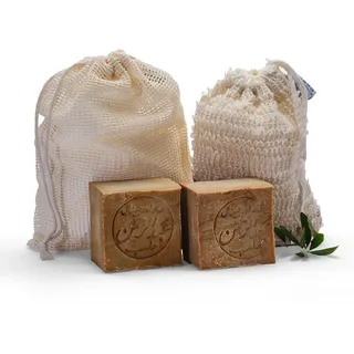 PAOS Original Aleppo Seife Set, 90% Olivenöl 10% Lorbeeröl, 2x ca. 180g inkl. Sisal Seifensäckchen + gratis Reisebeutel, Handmade, Vegan, Naturprodukt, Haarseife, Duschseife, Original Rezeptur