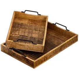 amagohome Serviertablett Holztablett Set 2 Stück 46x31cm Tablett Holz Serviertablett Deko Tablett Mangoholz