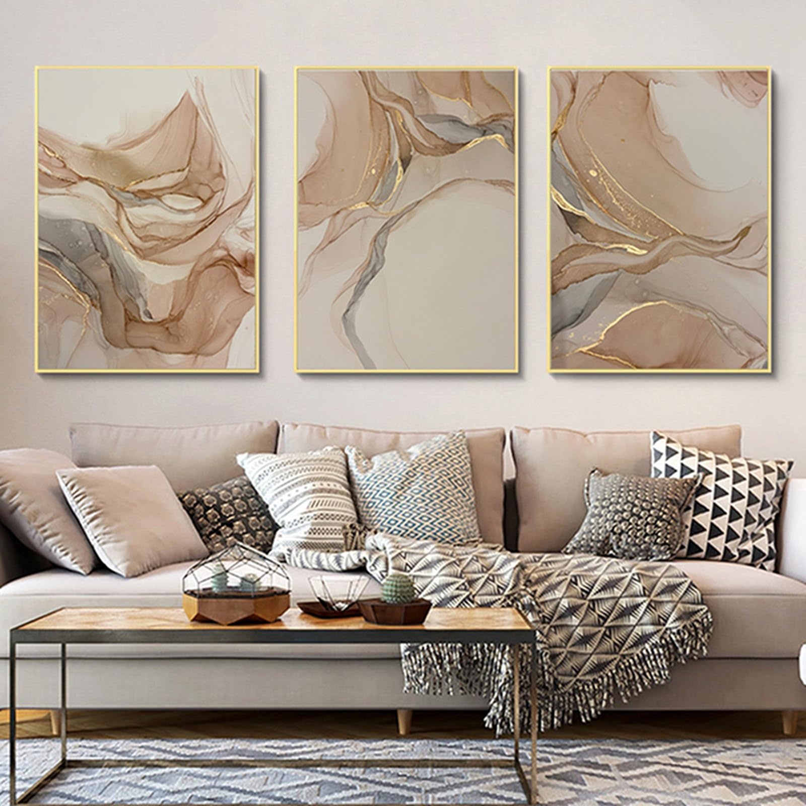 Leinwand Bilder 3er Set Beige Gold Bilder Set,Poster Set Marmor Bilder,Abstrakt Geometrisch Bilder Wohnzimmer Texturierte Marmor Wandbilder, Ohne Rahmen (C,50 x 70 cm)