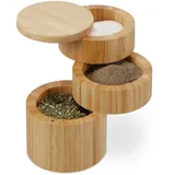 Relaxdays Salzbehälter mit Deckel, 3 Fächer, Bambus, drehbarer Gewürzbehälter, HxD: 13 x 9 cm, Magnetverschluss, Natur