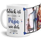 Tassendruck Fototasse mit Spruch für den Bonus Papa - Glück ist, jemanden wie Dich zu haben - zum Selbst gestalten mit 2 Fotos, Weiß, 300 ml