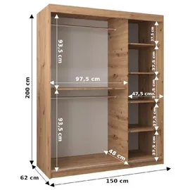 abiks möbel Schwebetürenschrank MONACO 150 x 200 x 62 cm Schwarz