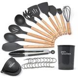 Joejis 25 Set Küchenhelfer Pfannenwender Set mit Hitzebeständig graues Küchenhelfer Silikon Küchenhelfer Set Premium Cooking Geschirr Holzgriff Kochutensilien Küchenhelfer Set Silikon