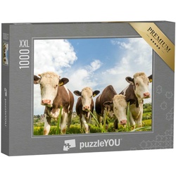 puzzleYOU Puzzle Puzzle 1000 Teile XXL „Vier junge Kühe auf einer Weide in England“, 1000 Puzzleteile, puzzleYOU-Kollektionen Kühe & Kälber