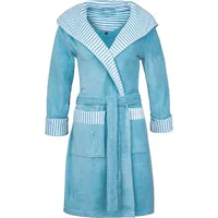 Esprit Damenbademantel Day, ideal für Sauna & Spa, Hotelbademantel, Morgenmantel, Kurzform, Microfaser-Webfrottier, Kapuze, Gürtel, mit Kapuze, gestreiften Akzenten & Logostickerei, kurz blau L