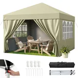 Hawthyhome Pavillon 3x3 Wasserdicht Stabil Winterfest, Faltpavillon 3x3 mit 4 Seitenteilen, Pop Up Pavillon UV Schutz 50+, Höhenverstellbar Partyzelt Gartenpavillon Für Outdoor,Beige Mit Seitenwänden