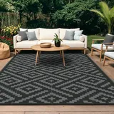GENlMO Outdoor Teppich Wetterfest 120x180cm Picknickdecke Plastik-Strohhalm Matte UV-bestandig Camping Teppich Waschbarer Outdoor Teppiche fur Garten, Balkon,Pool, Deck, Hinterhof, Schwarz & Grau