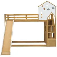 Etagenbett,Hausbett,Kinderbett,Hochbett mit Ecktreppe,Dach und Fenster, mit 3 Schließfächer in der Treppe, Etagenbett mit Rutsche, Kiefer+MDF