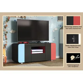 INOSIGN trendteam smart living - Level Up - TV-Schrank - Schwarz/Rot/Blau - Gaming-Lowboard passend für z.B. Nintendo Switch - (BxHxT) 115 x 49 x 42 cm - Mit LED-Spot BLAU, 4er-Set