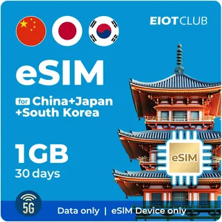 EIOTCLUB eSIM Prepaid für Japan, China und Südkorea, 1GB für 30 Tage, 5G Mobilfunk-Internet, Nur Daten, Hotspot-Funktion, Aufladbar