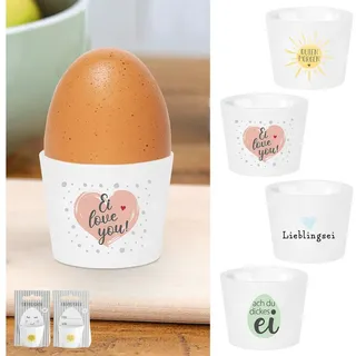 Cepewa Eierbecher 4er Set 4 Motive Porzellan weiß 5x4cm | Halter für Eier mit Gute Laune Sprüche (1 x 4er Set Eierbecher 5x4cm)