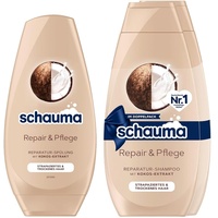 Schauma Shampoo Repair & Pflege 2er Pack (1x 2x400 ml) sorgt für Geschmeidigkeit, Reparatur-Shampoo für strapaziertes & trockenes Haar & Spülung (1x 250 ml) Haarspülung mit Kokos-Extrakt