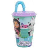 Stor Kinderbecher mit Deckel und Strohhalm Gabbys Puppenhaus 430ml - Wiederverwendbarer Kunststoffbecher für Kinder - Auslaufsicher