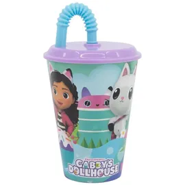 Stor Kinderbecher mit Deckel und Strohhalm Gabbys Puppenhaus 430ml - Wiederverwendbarer Kunststoffbecher für Kinder - Auslaufsicher