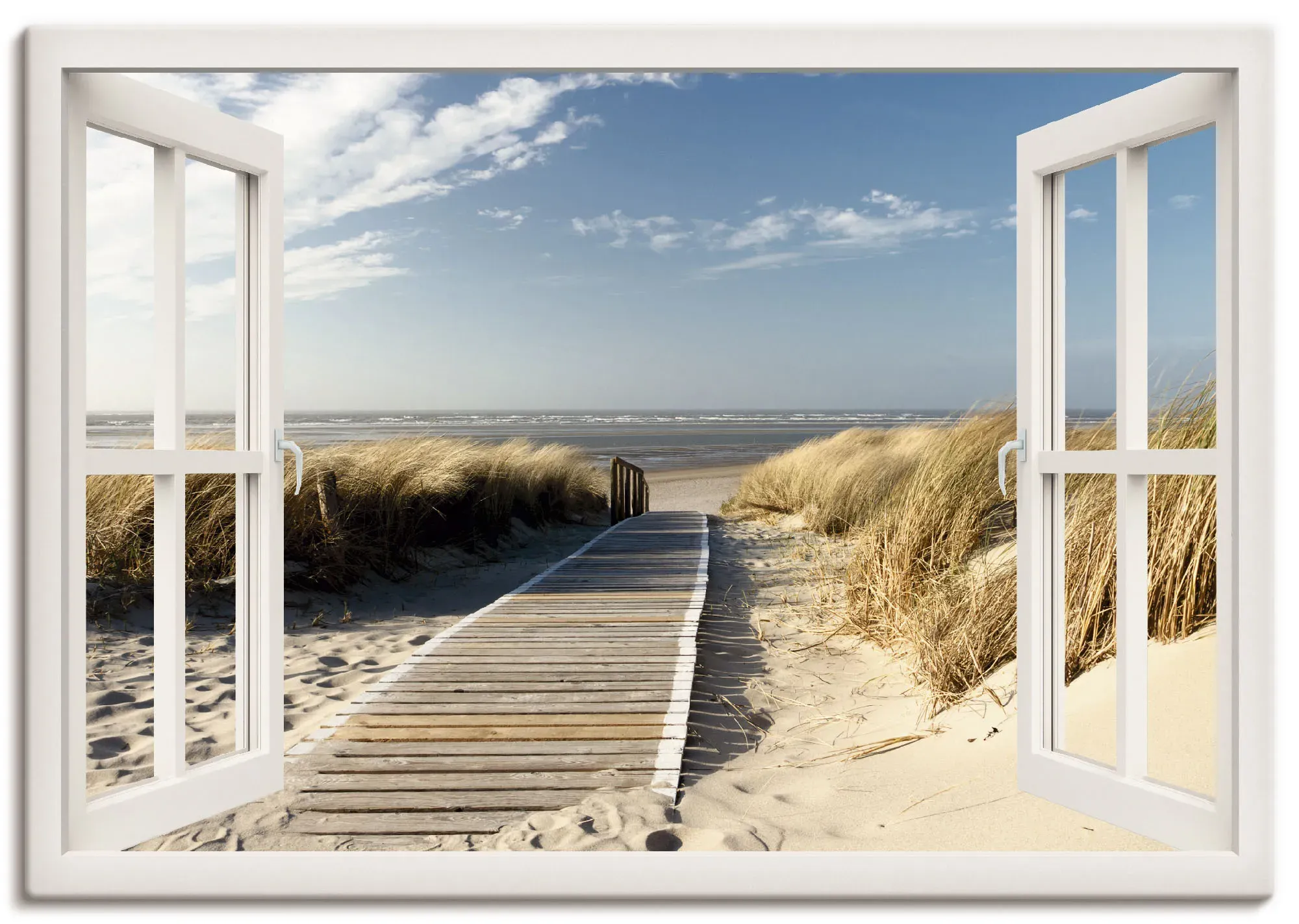 Artland Wandbild »Fensterblick Nordseestrand auf Langeoog«, Fensterblick, (1 St.), als Leinwandbild, Poster, Wandaufkleber in verschied. Größen Artland weiß