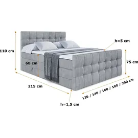 altdecor Boxspringbett mit Matratze und Lattenrost - BERO -Z KING - 160x200 cm - Grau Samt - Topper, Fußteil, Polsterbett mit Bettkasten, Bett mit... - Hellgrau