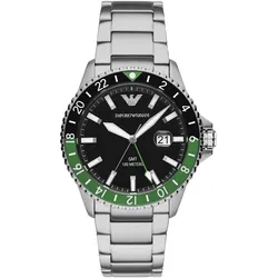 Quarzuhr EMPORIO ARMANI, silber (silberfarben, schwarz), Armbanduhren, Herren, Armbanduhr, Herrenuhr, Datum, GMT, bis 10 bar wasserdicht, Edelstahl
