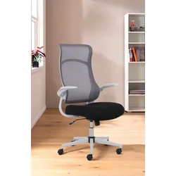 Bürostuhl INOSIGN "Toico, Design-Schreibtischstuhl", grau (grau, schwarz, grau), B:67,5cm H:120cm T:73cm, Stühle, ergonomische Rückenlehne, Lendenwirbelstütze & klappbaren Armlehnen