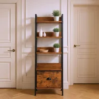 FurnitureR 4-stöckiges Leiterregal 42x29x110 cm mit Stoffschublade, Holzablagen & 20 mm Metallrahmen, 7,5 cm Rückwand, Schmales Konsolentisch-Design für Wohnzimmer im französischen Landhausstil