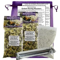 Schlaf GUT - Gute Nacht 12 Schlafkräuter 6-TLG Räucherset zum RÄUCHERN für Beruhigung & Guten Schlaf. 2 x 120ml Schlafförderndes Räucherwerk u.a. mit Lavendel, Kamille. 4 x ZUBEHÖR. 82046-X2