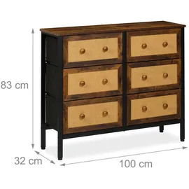 Relaxdays Kommode, 6 Schubladen, Rattan-Optik, Flur, Schlafzimmer, HBT: 83x100x32 cm, Sideboard, Metall, braun/schwarz