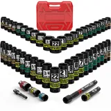 Aurlloct 50-Tlg Schlagschrauber Nüsse Satz, Kraft Stecknüsse 3/8 Zoll, Standard nach SAE (5/16"–3/4") und Metrische (8–22mm) Schlagnüsse Set, für Autoreparaturen Reifenwechsel
