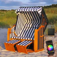 Swing & Harmonie RGB - Strandkorb XXL - 118cm inkl. Abdeckcover LED Luxus Volllieger mit Solarmodul Ostsee Sonneninsel Rattan Möbel Polyrattan (blau/weiß - gestreift)