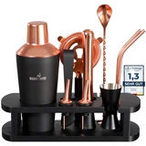 BARMINGO® Edelstahl Cocktail Set 11tlg. – 700 ml Cocktail Shaker Set mit Ständer und Bar Zubehör, Cocktailshaker Set | Barkeeper Set | Cocktail Mix Set | Bar Set | Geschenkset | Schwarz & Rosegold