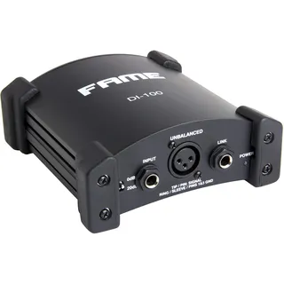 Fame Audio DI-100 Aktive DI-Box, Hochwertige Signalverarbeitung, 6,3 mm Klinken, XLR Input, Link Output, Eingangspegeldämpfung, Symmetrischer XLR Output, Ground-/Liftschaltung, Batterie- oder