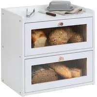 Relaxdays Brotkasten Bambus, 2 Etagen, Brotlade mit Sichtfenstern, Klapptüren, HBT: 34 x 36,5 x 24 cm, Brotbox, weiß