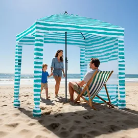 Vevor Strand-Cabana 183 x 183 cm Strandüberdachung mit Seitenwand, UPF 50+ Sonnenschutz, Strandpavillon mit Sandsäcken, tragbarer Sonnenschutz Sonnenschirm für Familie, grüne Streifen