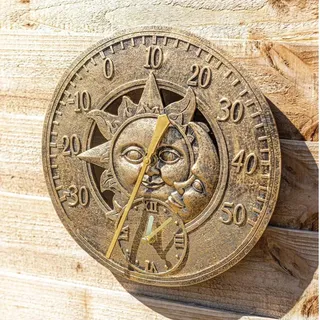 garden mile® Wanduhr Vintage Sonne und Mond Bronzeeffekt - Gartenuhr batteriebetrieben Wasserdicht Wetterfest - Dekorative Uhr für Innen oder Außen für