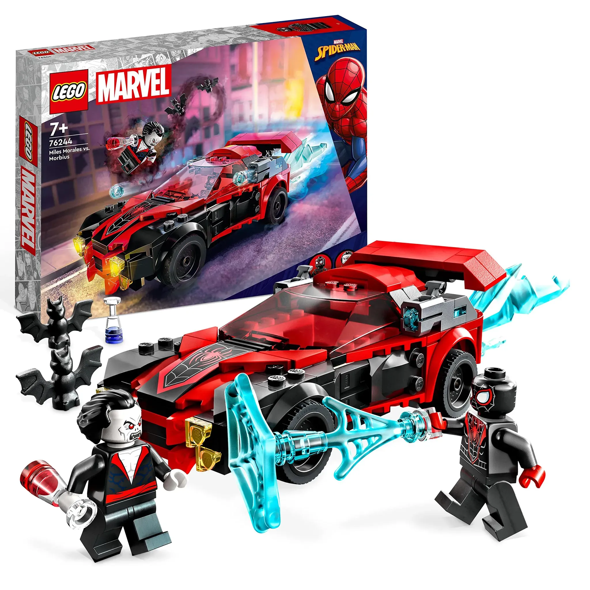 LEGO Marvel Miles Morales vs. Morbius Set, Spider-Man Rennwagen Spielzeugauto zum Bauen aus Abenteuer im Spiderverse mit Spidey Minifiguren 76244 (Neu differenzbesteuert)