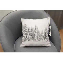 queence Dekokissen »Schneelandschaft mit Tannen«, Outdoor-Kissen mit Öse und dicker Stoffkordel queence weiß + bedruckt-gemustert B/L: 50 cm x 50 cm
