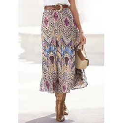 Plisseerock LASCANA, Damen, Gr. 38, bunt (bunt bedruckt), Chiffon, Obermaterial: 100% Polyester. Futter: 100% Polyester, bedruckt, modisch, figurumspielend ca. Mitte Wade, Röcke, aus leichter Chiffonware, Midirock mit Alloverprint, sommerlich