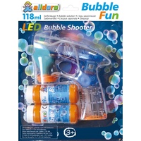 alldoro 60625 - LED Seifenblasenpistole, Bubble Shooter Seifenblasenmaschine mit 2x 59 ml Seifenblasenflüssigkeit, elektrische Seifenblasen Pistole mit LEDs ca. 17 x 15 x 6 cm, für Kinder ab 3 Jahren