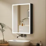 Badezimmerspiegelschrank mit LED Beleuchtung Spiegelschrank Schwarz mit touch(Alu-Schranktür, Doppelseitiger Spiegel, 2Touch, Anti-fog, 3Lichtmodi,