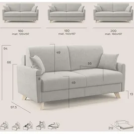 divani.store Schlafsofa, Hellgrau, Textil, 3-Sitzer, Rechteckig, 180x94x97 cm, Wohnzimmer, Sofas & Couches, Schlafsofas