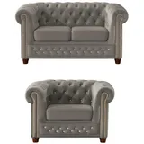 S-Style Chesterfield Polstergarnitur Samt 2-Sitzer + Sessel Grau